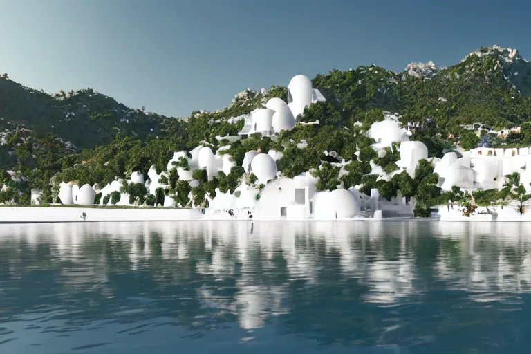 Image similar to the white buildings of palais bulles, which are formed by the intersection of many white egg shaped spherical spaces, are on the calm lake surface, human perspective, future, interior wood, marble, award winning, highly detailed 4 k art, dusk, unreal engine highly rendered, global illumination, radial light, internal environment