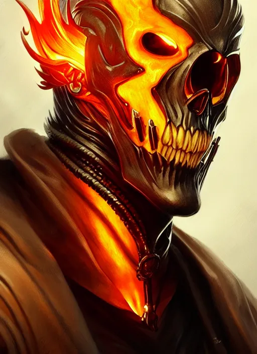 Image similar to Portrait of Ghost Rider, D&D, muscular, fantasy, intricate, elegant, highly detailed, digital painting, artstation, concept art, smooth, sharp focus, illustration, art by artgerm and greg rutkowski and alphonse mucha