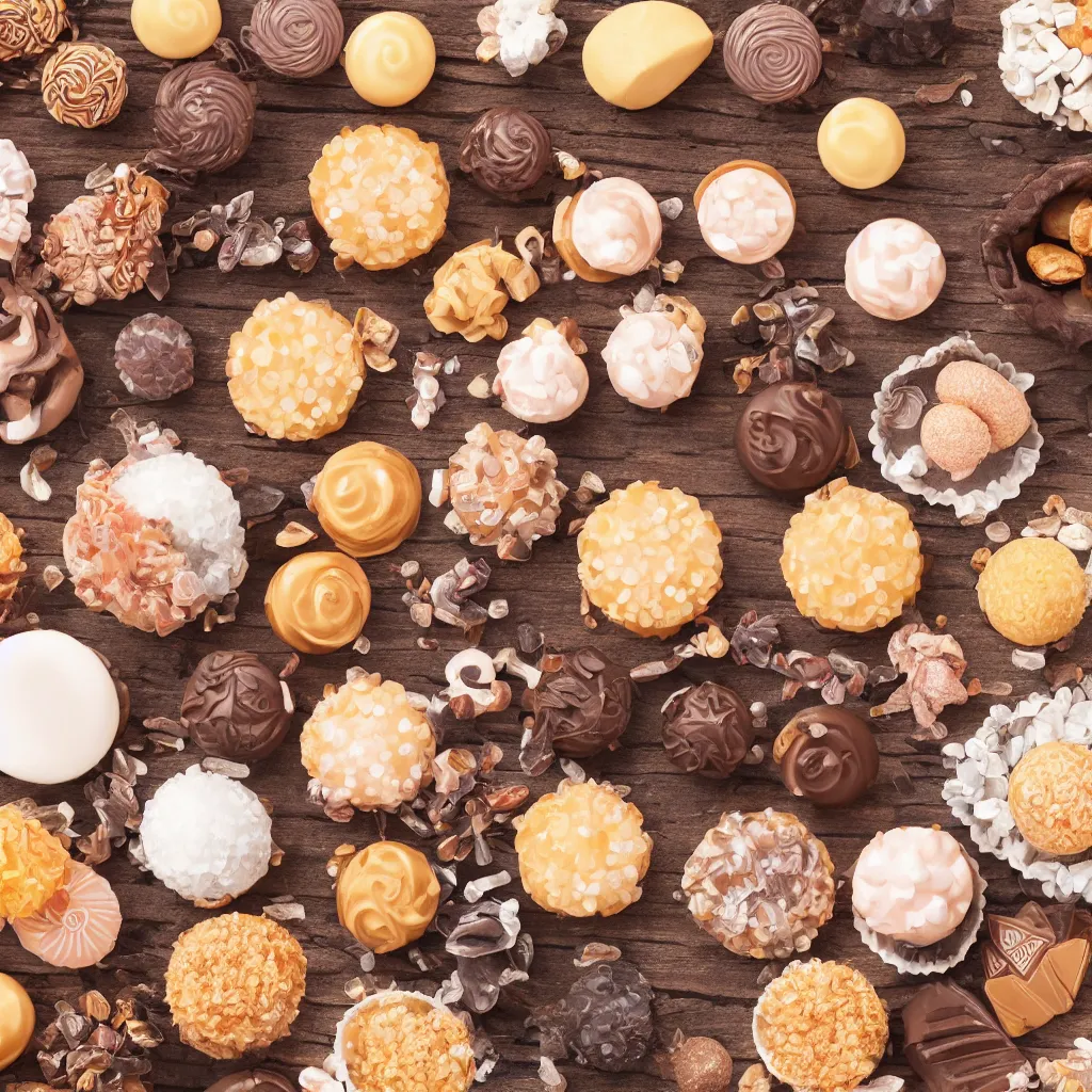 Image similar to close-up photo of confectionaries on top of a wooden table, 8k, high detail, photorealistic, proper shading
