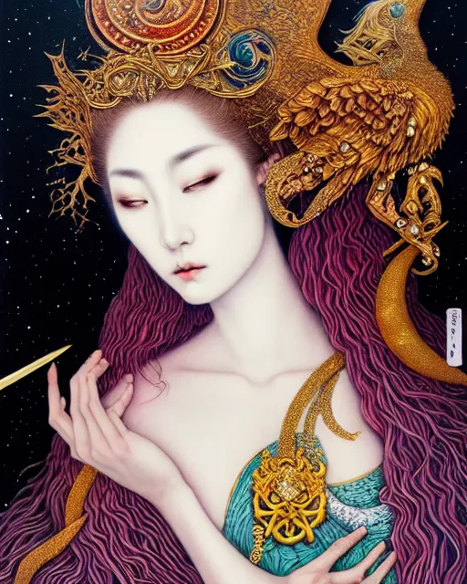 Image similar to portrait of a beautiful moon goddess, unusual beauty, esoteric, other worldly colors, head in focus, fantasy art, ornamental aesthetics, intricate, elegant, highly detailed, hyperrealistic painting, artstation, concept art, painterly, sharp focus, illustration, art by chie yoshii