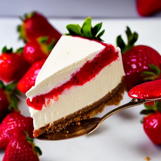 Image similar to close view of a delicious sweet and perfect strawberry cheesecake piece, award winning, 4 k, beautiful