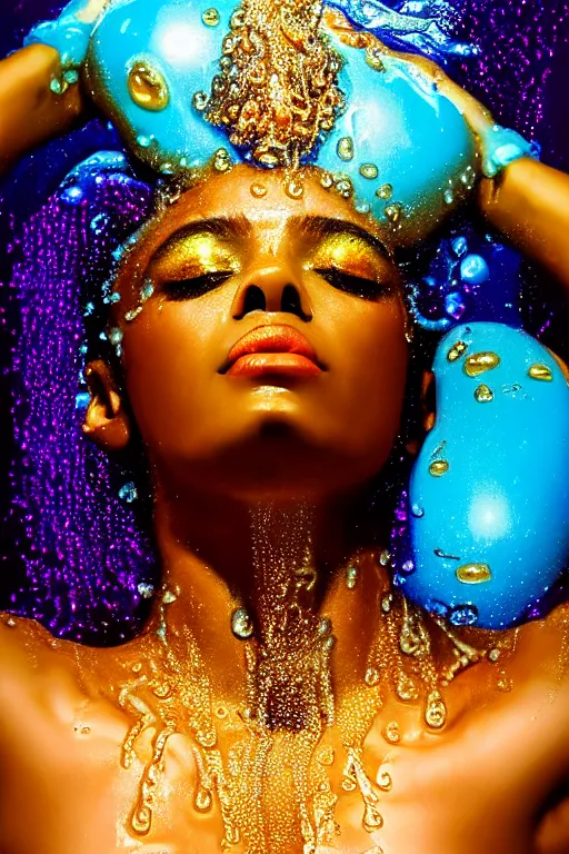 Image similar to hyperrealistic neo - pop cinematic super expressive! oshun goddess immersed in water!, mirror dripping droplet, gold ornate jewely, highly detailed face, digital art masterpiece, smooth eric zener cam de leon, dramatic pearlescent turquoise light on one side, low angle uhd 8 k, shallow depth of field