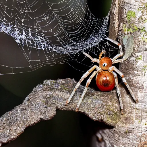 Prompt: a realistic spider hiding from a predatory animal with only its eyes visible, award winning national geographic photo