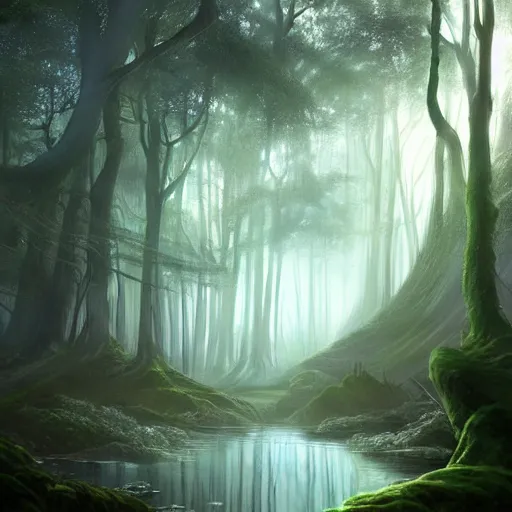 Image similar to a beutiful magical forest with a blue power source with runes on the side and a magical river by the side foggy realistic atmosferic casper david friedrich raphael lacoste vladimir kush leis royo volumetric light effect broad light oil painting painting fantasy art style sci - fi art style realism artwork unreal engine