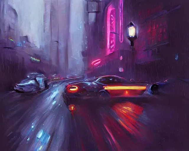 Image similar to police chase, night life, neon glow, heavy rain, deep focus, d & d, fantasy, intricate, elegant, highly detailed, digital painting, artstation, matte, sharp focus, illustration, hearthstone, art by artgerm and greg rutkowski and alphonse mucha