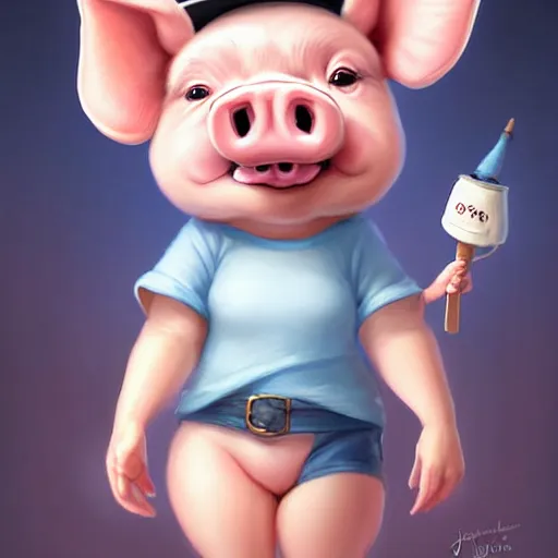 Image similar to cute little anthropomorphic funny female pig wearing shorts, a hat and a pale blue shirt!! tiny!! fully clothed!!! small, short, cute and adorable, character art portrait, matte fantasy painting, deviantart artstation, by jason felix by steve argyle by tyler jacobson by peter mohrbacher, cinema