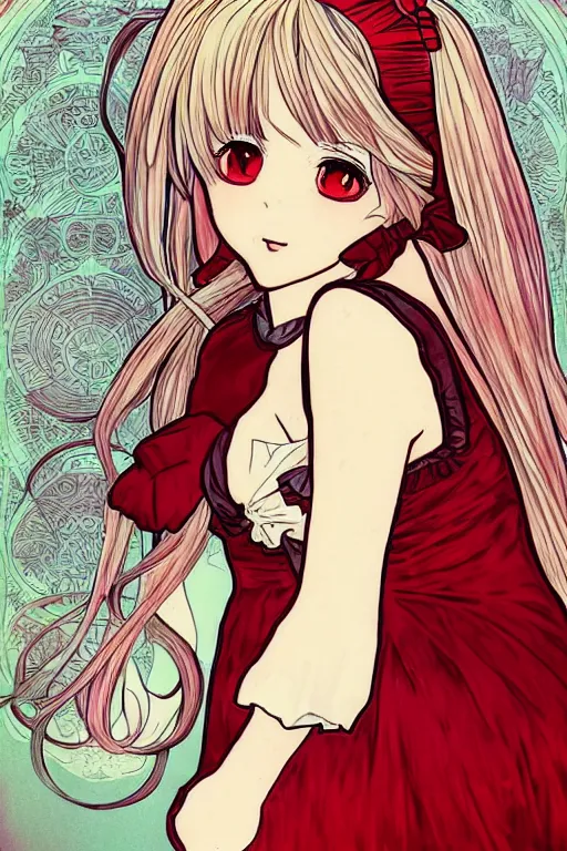 Prompt: Anime girl with chin length white hair, wearing red gothic lolita clothing, trending on Instagram, digital drawing, colored manga panel, art by Alphonse Mucha