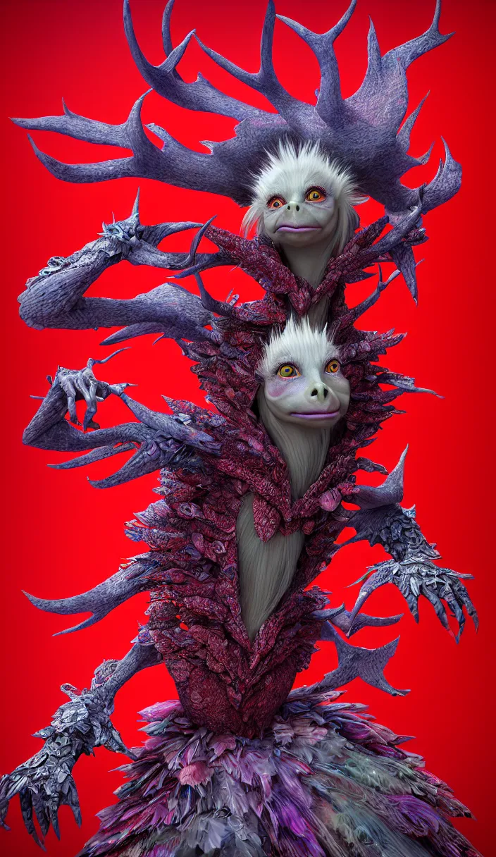 Prompt: hyper detailed 3d render like a Oil painting - kawaii full body portrait Aurora (a beautiful skeksis queen from dark crystal that looks like Anya Taylor-Joy with hooves and antlers) seen red carpet photoshoot in UVIVF posing in scaly dress to Eat of the Strangling network of yellowcake aerochrome and milky Fruit and His delicate Hands hold of gossamer polyp blossoms bring iridescent fungal flowers whose spores black the foolish stars by Jacek Yerka, Ilya Kuvshinov, Mariusz Lewandowski, Houdini algorithmic generative render, Abstract brush strokes, Masterpiece, Edward Hopper and James Gilleard, Zdzislaw Beksinski, Mark Ryden, Wolfgang Lettl, hints of Yayoi Kasuma, octane render, 8k