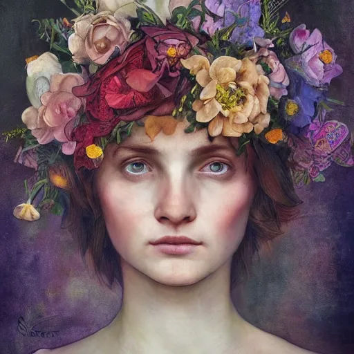 Image similar to flower queen, by annie swynnerton and tino rodriguez and charlie bowater, dramatic lighting, floral tattoos, rich colors, smooth sharp focus, extremely detailed, adolf wolfli