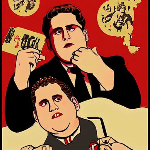 Prompt: NO JONAH HILL ALLOWED. JONAH HILL is the subject of this ukiyo-e hellfire eternal damnation catholic strict propaganda poster rules religious. WE RULE WITH AN IRON FIST. mussolini. Dictatorship. Fear. 1940s propaganda poster. ANTI JONAH HILL. 🚫 🚫 JONAH HILL. POPE. art by joe mugnaini. art by dmitry moor. Art by Alfred Leete.