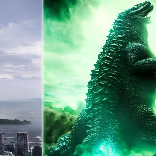 Image similar to godzilla vs cthulhu epic cinematic