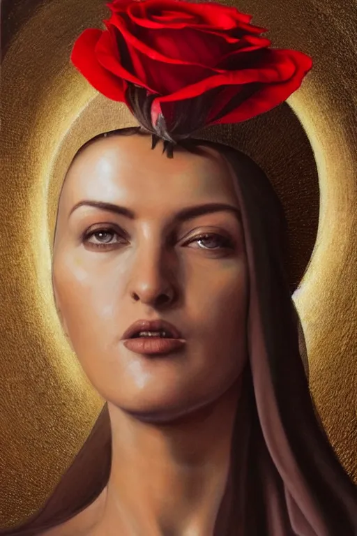 Image similar to hyperrealistic mixed media painting of Mother Mary, resembles Monica Bellucci, a halo about her head, holding a red rose, traditional beauty, stunning 3d render inspired art by P. Craig Russell and Barry Windsor-Smith + perfect facial symmetry + dim volumetric lighting, 8k octane beautifully detailed render, post-processing, extremely hyperdetailed, intricate, epic composition, grim yet sparkling atmosphere, cinematic lighting + masterpiece, trending on artstation, very very detailed, masterpiece, stunning
