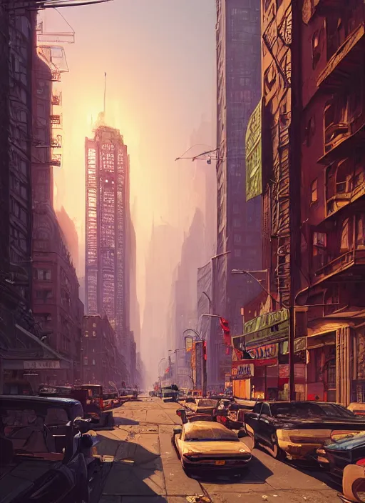 Image similar to highly detailed new york illustration in gta v, stephen bliss, unreal engine, fantasy art by greg rutkowski, loish, rhads, ferdinand knab, makoto shinkai and lois van baarle, ilya kuvshinov, rossdraws, tom bagshaw, global illumination, radiant light, detailed and intricate environment