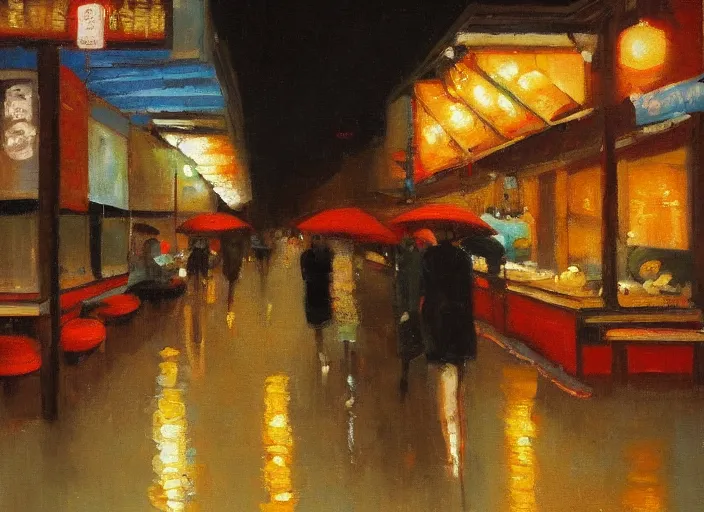 Image similar to last open ramen place in a street at night, melancholic, rainy night, in the style of australian tonalism, oil on canvas