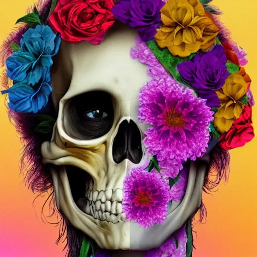 Prompt: portrait of a hyperrealistic skeleton covered in multicolored flowers, flowers coming out of the holes in the bone, digital portrait, procreate, artstation, realistic, hd, 8k