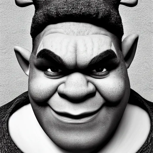 Image similar to black and white photographic portrait of shrek, harsh lighting, 8k, high definition, detailed, 4k, artistic