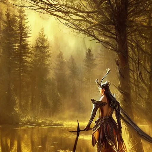 Prompt: elf with armor in golden and silver colors and a curve long sword in the forest, epic masterpiece of cinematographic hyperrealism, realistic shaded lighting poster by craig mallismo, artgerm, jeremy lipkin and michael garmash, unreal engine, radiant light, detailed and intricate environment, digital art, art station trends