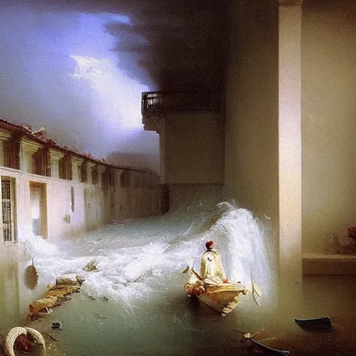 Prompt: basement flooded with water, hyper realistic, oil on canvas, masterpiece painting, very detailed, by aivazovsky