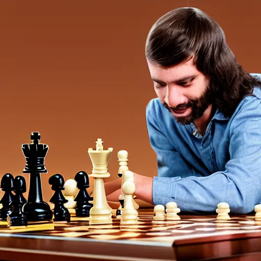 Image similar to A long haired man plays chess with a robot, hyper realistic, HD, HQ, photo realistic