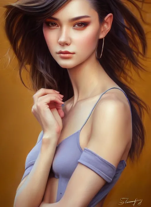 Image similar to photo of a gorgeous young woman in the style of stefan kostic, realistic, sharp focus, 8k high definition, insanely detailed, intricate, elegant, art by stanley lau and artgerm