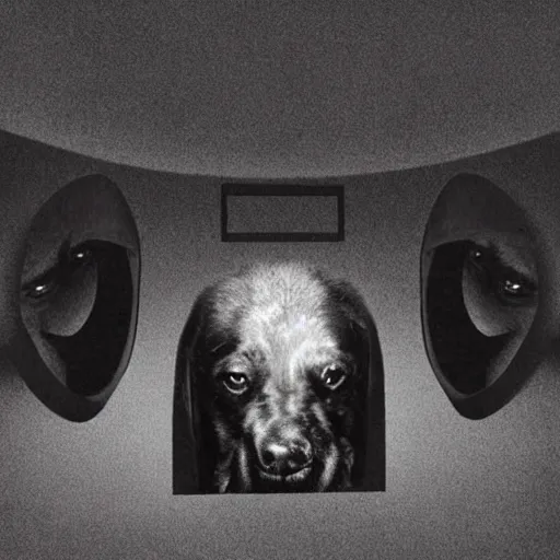 Prompt: black dog with three heads looking through tv screen, horror movie poster