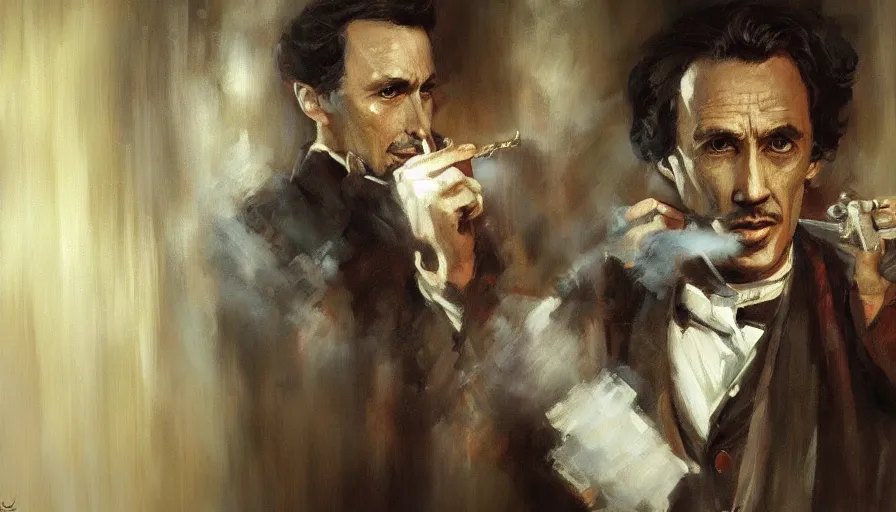 Image similar to wallpaper of sherlock holmes, oil painting by jama jurabaev, brush hard, artstation, for aaa game, high quality, brush stroke