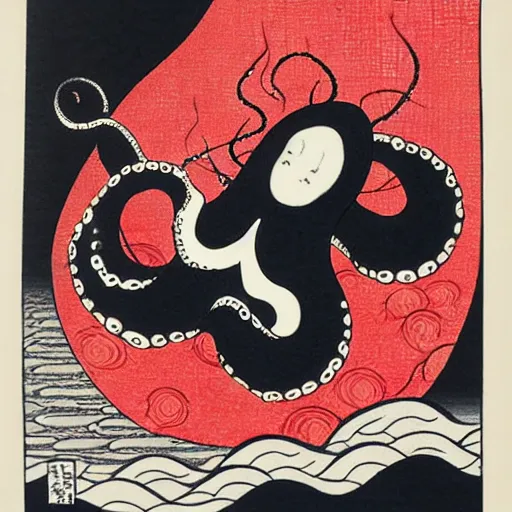 Prompt: a black and white octopus in a frothy red ocean, ukiyo-e