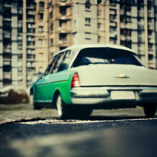 Image similar to low angle close to shot of russian car in soviet yard with block of flats, low grain film,polaroid, masterpiece, f 1.6, bokeh, mid day in style of william egglestone