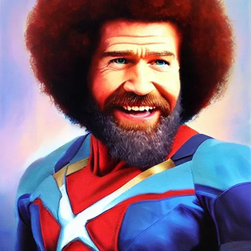 Image similar to Bob Ross as Captain America, oil painting, portrait