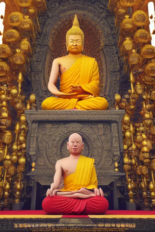 Image similar to Donald Trump meditating in a Buddhist Temple, cinematography by Wes Anderson, 4k octane render, intricate detail, photorealistic , cinematic lighting, Artstation