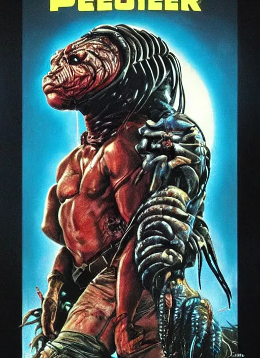 Image similar to Predator (1987) versus E.T. (1982) movie poster, illustration by Drew Struzan, John Alvin, highly detailed