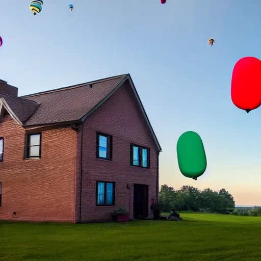 Prompt: photograph of a house made of balloons flying across the horizon