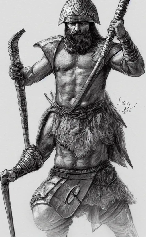 Image similar to highly detailed painting of a bearded ancient greek warrior holding a spear and wearing a helmet, a pencil sketch by jesper ejsing, trending on artstation, high fantasy, loose pencil sketch, sketchy, concept art, cinematic, white space