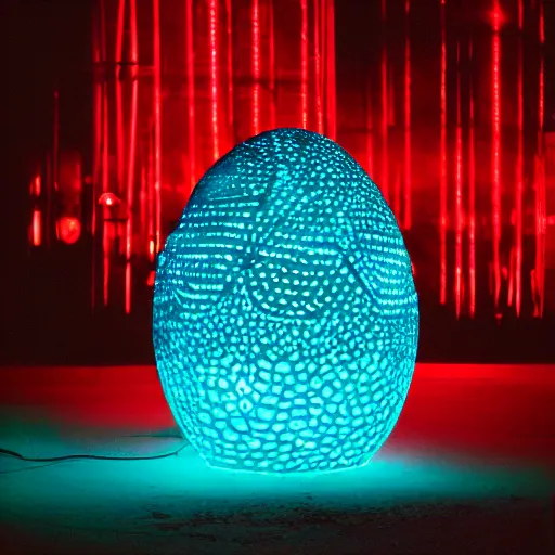 Image similar to tron dinosaur egg made up of glowing electric plates. cinestill