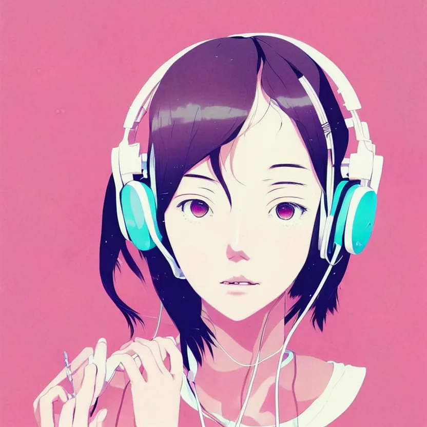 Prompt: girl with headphones, very anime!!! anime!! intricate details, aesthetically pleasing pastel colors, poster background, art by conrad roset and ilya kuvshinov