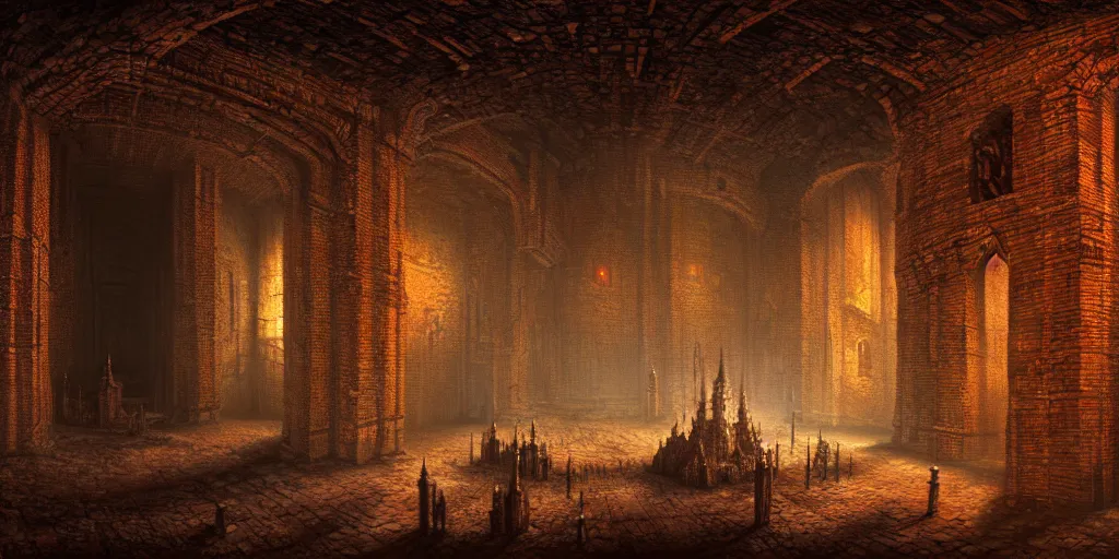 Prompt: a cosmic horror monstrosity inside of a medieval brick castle, matte oil painting, concept art, extremely detailed, disturbing, cinematic, award - winning, 4 k, 8 k