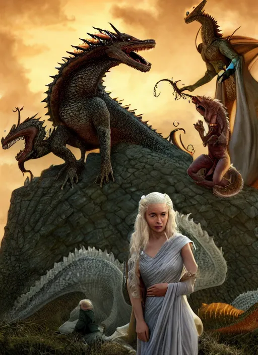 Prompt: queen daenerys stormborn with her dragon babies, by michael whelan, detailed matte painting, 8 k resolution