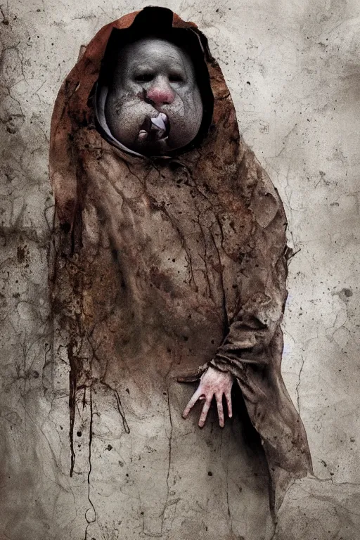 Prompt: a obese gray sniveling rat person wearing a decaying brown cloak, color painting by michal karcz