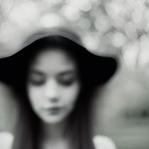 Prompt: blurry vintage analog portrait of a beautiful young woman, high contrast, depth of field, bokeh, film grain