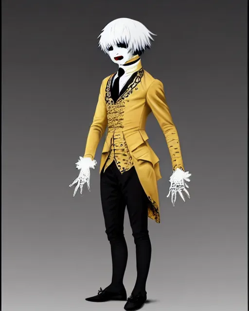 Image similar to tokyo ghoul monster ken kaneki character wearing a beautiful 1 8 th century suit with a tie, rococo style, francois boucher style, highly detailed, very realistic, painterly style