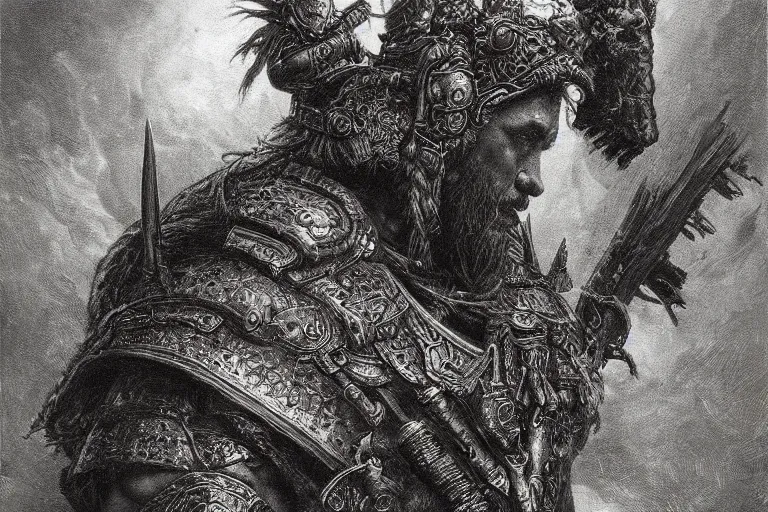 Prompt: highly detailed painting of a warrior barbarian, symmetrical, masterpiece, highly detailed painting by gustave dore