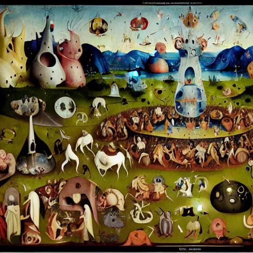Image similar to garden of earthly delights by hieronymus bosch, animated in the style of pendleton ward, adventure time, bright and colorful