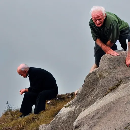 Prompt: the tragic moment of an old man falling off a cliff