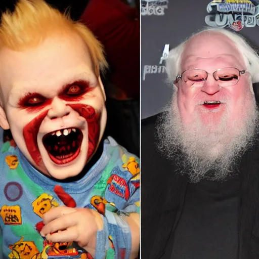 Image similar to screaming chucky doll chasing george rr martin