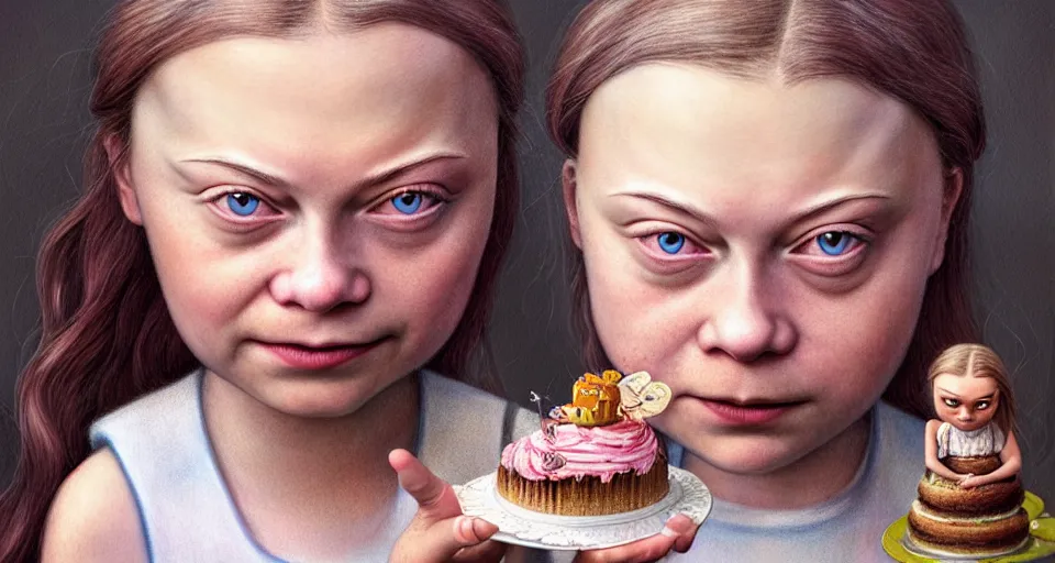 Image similar to closeup profile portrait of greta thunberg as a fairytale princess eating cakes with a a medieval goblin in the castle kitchen, nicoletta ceccoli, mark ryden, lostfish, max fleischer, hyper realistic, artstation, illustration, digital paint, matte paint, vivid colors, bright, cheerful, detailed and intricate environment