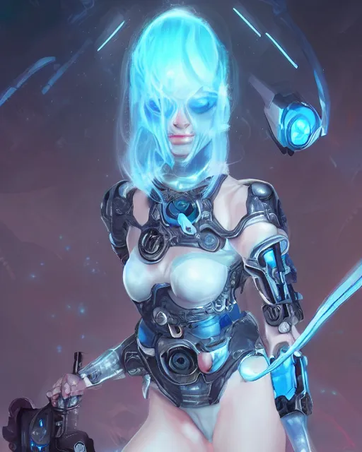 Image similar to holy cyborg necromancer girl, elegant, scifi, futuristic, utopia, garden, illustration, atmosphere, top lighting, blue eyes, white hair, focused, artstation, highly detailed, art by yuhong ding and chengwei pan and serafleur and ina wong