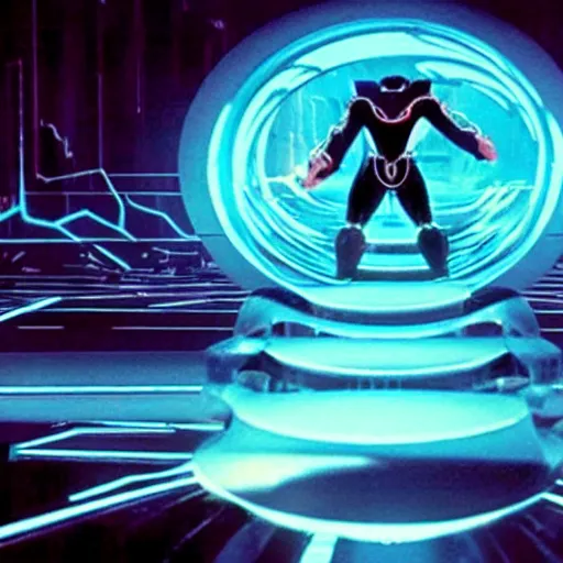 Prompt: a movie still from tron with the balrog from lord of the ring