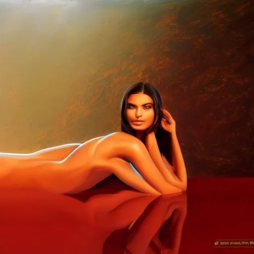 Image similar to Emily Ratajkowski with beautiful face and full body laying in a blood red pool of water between a bright golden glowing mirror frame, outside is space and inside the mirror frame is a beautiful landscape. Hyperrealistic surreal 4K IMAX Rene Margritte intricate, elegant, highly detailed, digital painting, artstation, concept art, smooth, sharp focus, illustration, art by artgerm and greg rutkowski and alphonse mucha