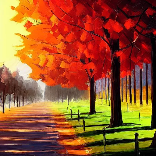 Prompt: tree-lined path at sunset, by Aenami Alena, Afshar Petros and Afremov Leonid