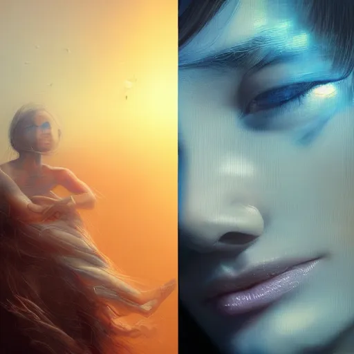 Prompt: 3 d, sci - fi, close - up, morning, smiling fashion model face, sun, cinematic, clouds, sun rays, vogue cover style, poster art, blue mood, realistic painting, intricate oil painting, high detail illustration, figurative art, multiple exposure, poster art, 3 d, by tooth wu and wlop and beeple and greg rutkowski